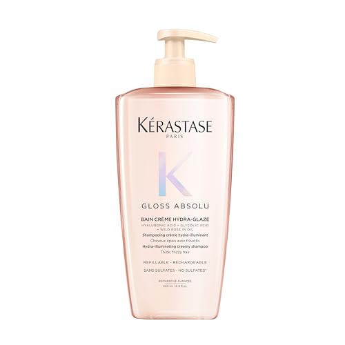Kérastase Gloss Absolu Bain Crème Hydra-Glaze, Champú para Cabello Muy Encrespado, Brillo y Suavidad, Con Ácido Glicólico, Ácido Hialurónico y Aceite de Rosa Silvestre, Botella Recargable 500 ml