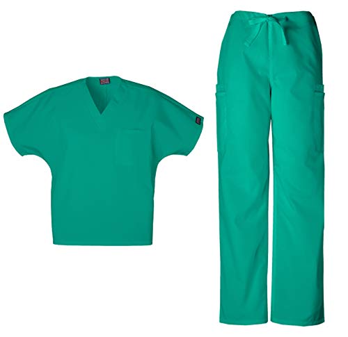 CHEROKEE Workwear Men's Dental - Medical Uniform Scrub Set - 4777 V-Neck Scrub Top & 4000 Drawstring Cargo Pants (Surgical Green - Large - Large)