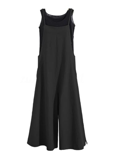 KMAZN Women's Casual Loose Long Cotton Bib Overalls Baggy Linen Plus Size Jumpsuits Rompers Wide Leg Pants……, 1-black, Small