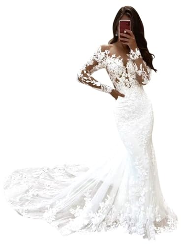 Mermaid Sequin Applique Tulle Wedding Dresses for Bride with Trailing Tail Long Sleeve Bridal Shower Dress for Bride