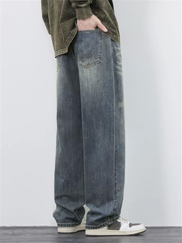 Men Streetwear Jeans Vintage Frayed Casual Wide Trousers High Street Denim Pants with Pockets4