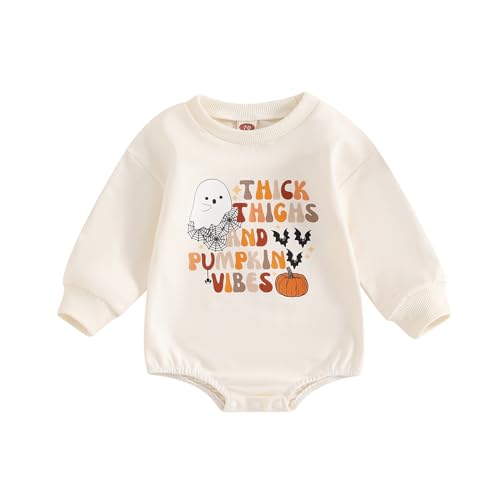 Image of FYBITBO Newborn Halloween Outfit Girl Boy Spooky Season Romper Bubble Sweatshirt Bodysuit Fall Halloween Baby Clothes