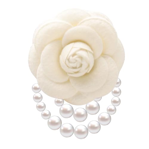 Image of Elegant Camellia Flower Faux Pearl Brooch Pin,Bohemian Fabric Flower Brooch Pins Pearl Tassel for Women Teen Girls, Corsage Wedding Brooches Clothes Dress Coat Accessories Jewelry Gift