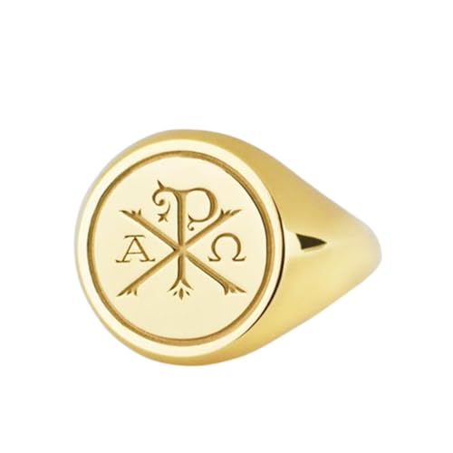 Bague Chi Rho en argent 925 chevalière ronde plaquée or pour homme et femme LKDR_0160