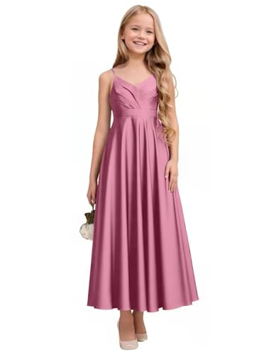Spaghetti Straps Junior Bridesmaid Dresses for Wedding Satin V Neck Pageant Flower Girl Dresses for Girls