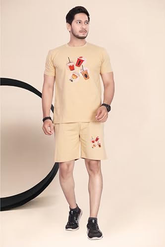 Image of HOODMASTER Men's Cotton Night Suit Set of Top & Knee Length Shorts with Round Neck Half Sleeves Solid Pattern Regular Fit and Standard Length | Mens Cotton Night Suit | T-Shirt and Shorts Sets