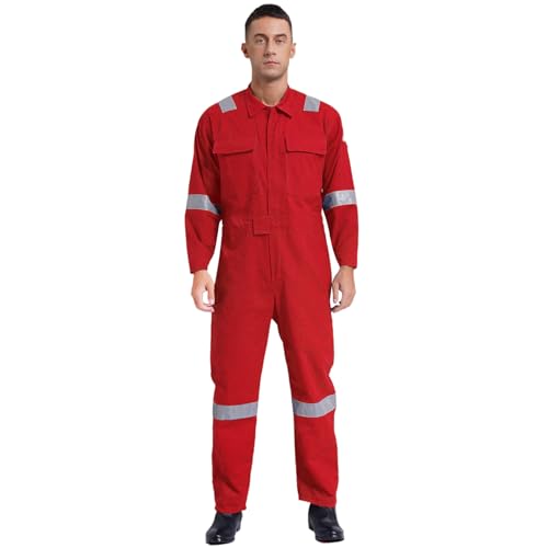 Rswnyirn Arbeitsoverall Herren Baumwolle Einteiler Jumpsuit Schutzoverall mit Taschen Reflektierende Streifen Männer Arbeitskleidung für Werkstatt Rot M