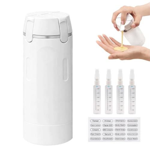 4 in 1 Travel Bottle Dispenser - 4 x 30ml Refillable Travel Bottles for Toiletries, Pump Bottle Dispenser with Scale & Label, Toiletry Bottles for Shampoo, Lotion, Conditioner & Cream (White)