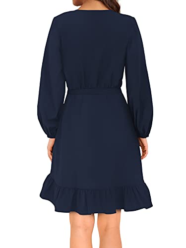 Amoretu Womens Elegant Long Sleeve Dresses Wrap V Neck Ruffle Swing Dress Navy XL