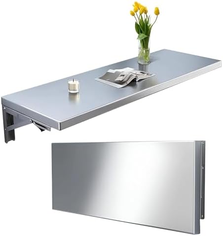 50x35cm Wall Mounted Floating Desk Foldable Workstation Space Saving Stainless Steel Table for Laundry or Home Office Functional Hanging Desk Solutions.