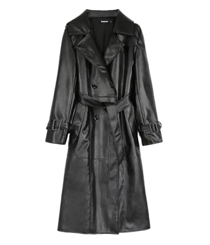Trench-coat long en cuir femme coupe grande taille ajustée avec ceinture