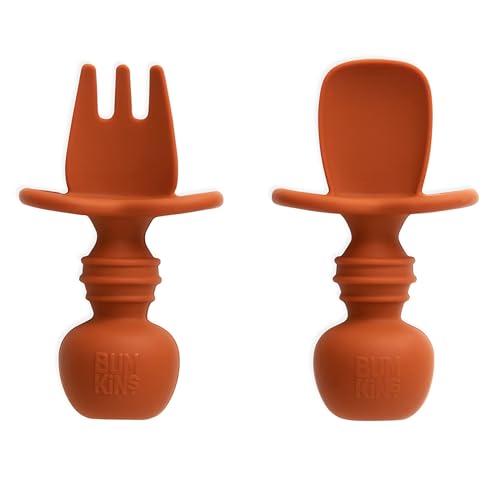 Image of Bumkins Baby Utensils Set, Chewtensils Silicone Spoons for Dipping, Self-Feeding, Baby Led Weaning, Trainer Learning, First Stage Eating, Soft Practice Fork and Spoon, Babies 6 Months, Clay