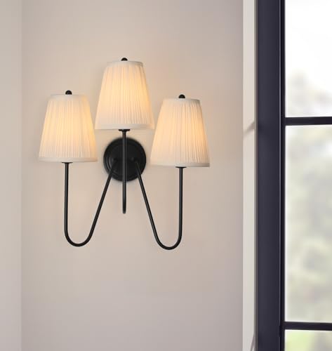 Image of Electro bp; Elegant Triple Sconce Black Curved Metal Arm with Warm White Pleated Fabric Lamp Shades Brocade Cover Wall Light Fixture,E12,3 Sockets,120W,Hardwired;