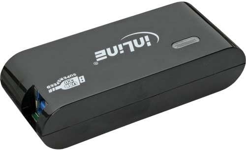 Bag view of the Inline USB 3.0 Hub showing the power input and upstream USB 3.0 port.