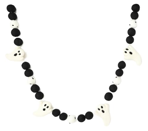 Halloween Felt Ball Garland 5.5 Ft Ghost Wool Pom Black