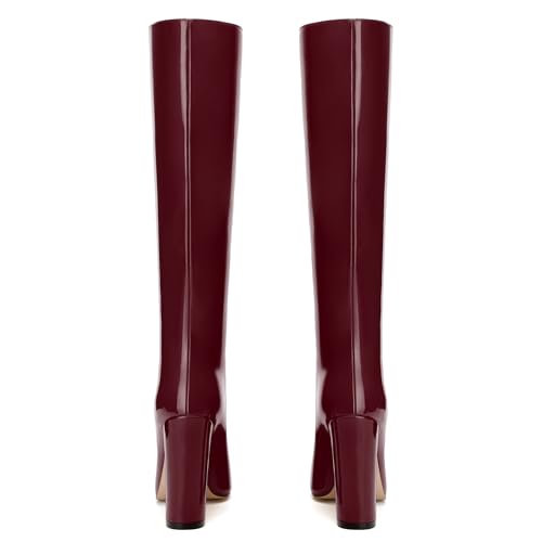 MERRORI Women's Gogo Boots Knee High Boots with 4.3-Inch High Chunky Heels Square Toe Patent Fashion Pull On Dress Long Booties4
