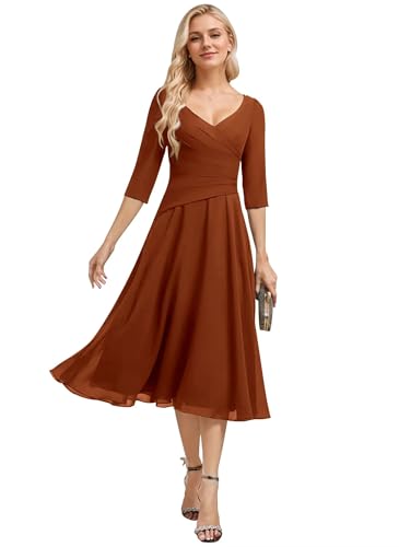 Tea Length Mother of The Bride Dresses for Wedding 3/4 Sleeve Chiffon Mother of The Groom Formal Wedding Dress