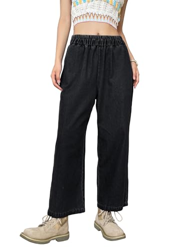 Image of Shasmi Girl's & Women's Denim Cotton Elastic Waist Cropped Straight Ankle Length Wide Leg Casual Baggy Jeans for Women, Trousers Pant for Women (Jeans 239)