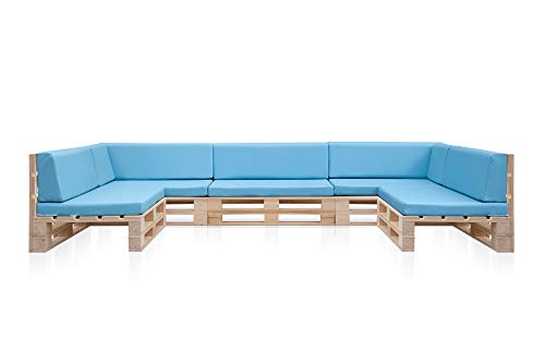 SUENOSZZZ-ESPECIALISTAS DEL DESCANSO 5 Sofas PALETS Madera para Jardin sin Barniz con colchonetas de Polipiel Color Turquesa. Palets Europeos con Respaldo y Asiento