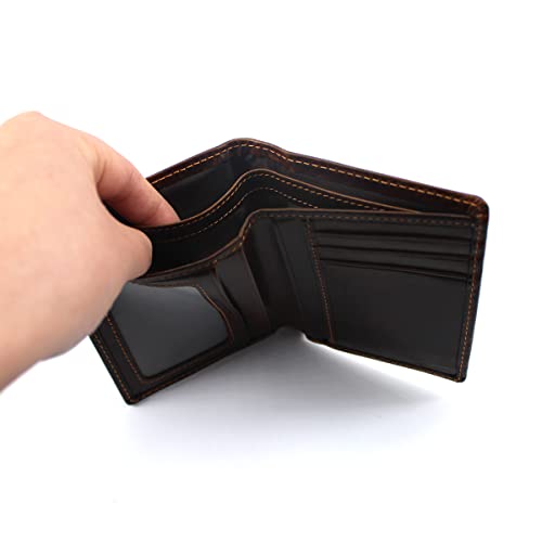 Mens Leather Genuine Extra Capacity Wallet Bifold Slim Brown Front Pocket Engraved Dragon Medifier Wallets with Credit Card Holder ID Window for Men women Husband Boyfriend Him Gifts Vertical Style2