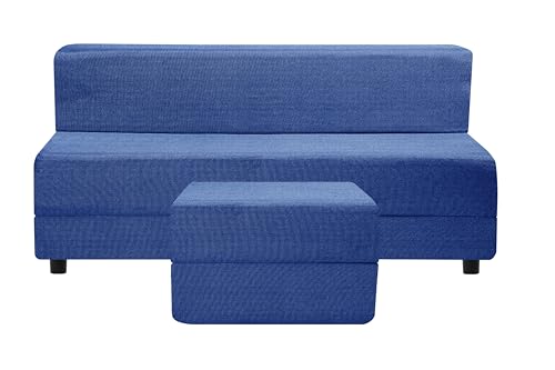 Image of 5X6-Feet Leg Sofa Cum Bed with Ottoman | Jute Fabric 3 Seater Convertible Sofa Bed | Modern Space Saving Furniture for Living Room | Blue