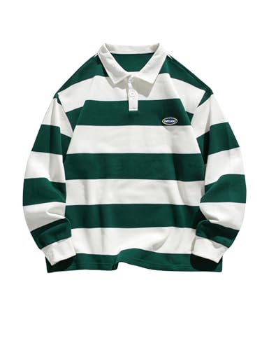 SOLY HUX Men's Striped Print Sweatshirts Long Sleeve Collared Preppy Shirts Half Placket Tops Fall Outfits Green and White X-Large