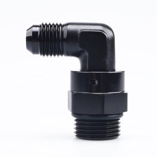 Image of AC PERFORMANCE Black Aluminum 90 Degree -6 AN Male Flare to -8 AN ORB O Ring Port Thread 3 /4 x 16 Swivel Fitting Adapter