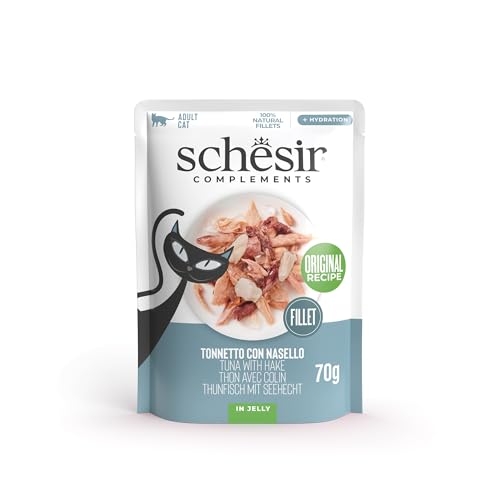 Schesir, Thunfischfilets mit Seehecht in Gelee, ergänzendes Nassfutter für Katzen, Originalrezept, 100% natürlich, 12 Beutel à 70 g