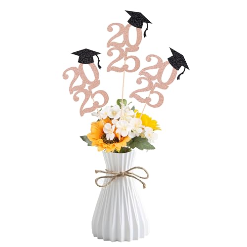 Image of Class of 2025 Graduation Decoration Centerpieces for Table, 2025 Party Centerpieces Grad Cap Sticks Party Supplies, Graduation Party Decoration Toppeers (10 PCS, Rose Gold & Black)