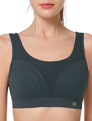 Yvette Adjustable Molded Cup Supportive Sports Bras - High Impact Wireless Bra for Large Breasts,Haze Blue, Medium