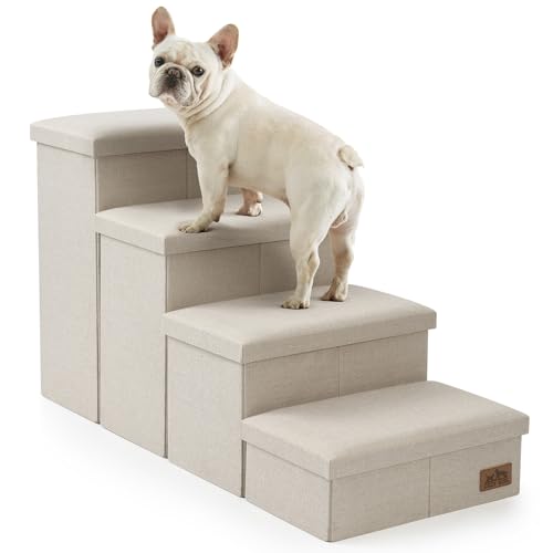 Image of Dog Stairs with Storage, 4-Step Wider Sturdy Dog Steps for Small /Medium /Large Dogs and Older Cats, Folding Doggie Ramp for Bed /Couch /Car Hold Up to 180 lbs (22 inch H, Beige)