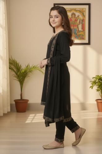 Image of Girls Stylish Rayon Lace Work Kurti with Dupatta and Pant