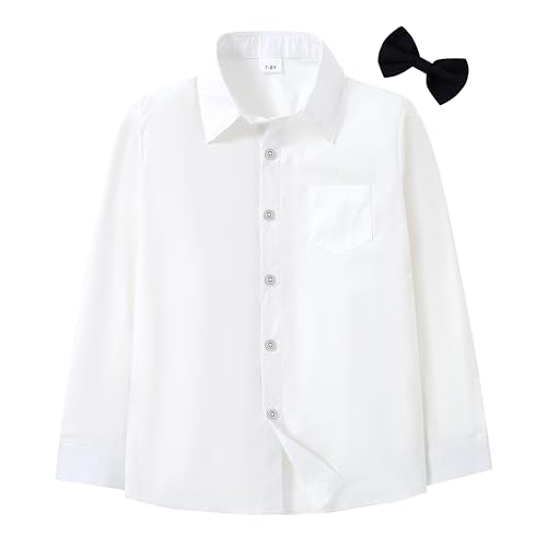 DISAUR Boys Dress Shirts Toddler Boy Button Down Shirt Long Sleeve Removable Bow Tie Button Up Shirt White Formal Graduation