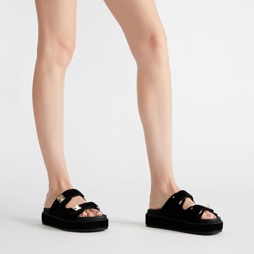 Image of SOVANYOU Suede Platform Sandals Slip on Platform Slides Open Toe Summer Beach Sandal Double Buckle Casual Vacation Shoes