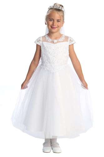 Holy Catholic First Communion Dress for Girls w/Corded Embroidered Tulle Top - Pearls & Sequins w/Cap Sleeve