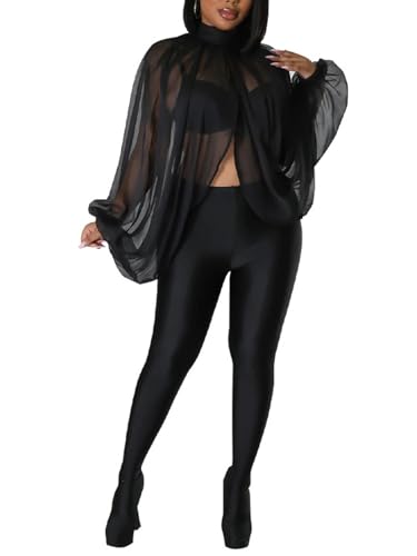 Ophestin Womens Print Sexy Open Back Sheer Chiffon Balloon Sleeve Shirt Blouse Tops Coverup4