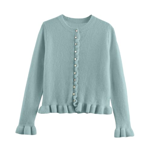 Women Crewneck Button Up Cropped Cardigan Sweaters Y2k Frilly Ruffle Knit Open Front Long Sleeve Knitwear Shirts