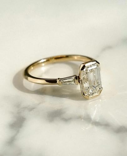 2 CT Emerald Cut Moissanite Engagement Ring – Three Stone Half Bezel Set Ring with Tapered Baguette Side Stones – Gold Anniversary or Wedding Ring for Her3