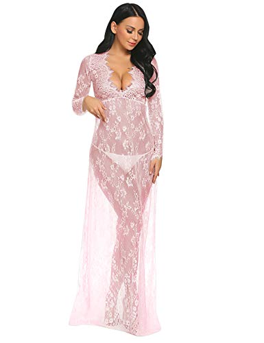 COSYOU Maternity Dress for Photoshoot Milk Bath Dress Sexy Nightwear Party Wear Pink Lace Dress Wedding Dress (S, Pink)