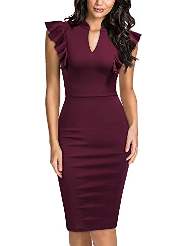 Image of Knitee Women's Vintage Ruffle Sleeve V-Neck Bodycon Evening Party Cocktail Pencil Sheath Dress
