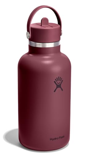 Image of Hydro Flask Water Bottle - Insulated Stainless Steel - Wide Mouth Flex Straw Lid, Non Spill, Leakproof and Refillable in 64 Oz Burgundy