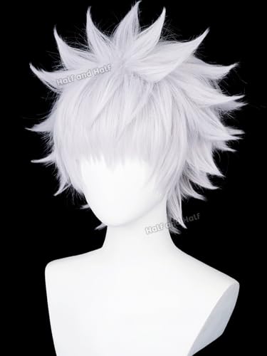 Image of Half and Half Short White Anime Cosplay Wig for Men Silver White Hunter-Killer Male Wigs with Bangs Light Purple White Spiky Layered Wig for Hallloween Party Costumes Women
