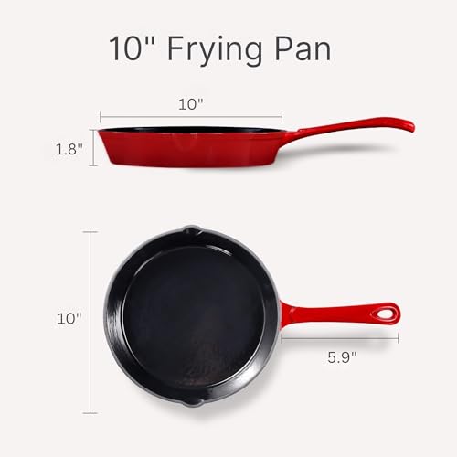 Image of CAROTE Enamel Cast Iron Skillet Frying Pan 10 Inch, 26cm -Red, Even Heat Distribution, Gas & Induction Compatible, Oven & Grill Safe, Non-Toxic & Durable Cookware, Ideal for Omelette, Shalow Frying