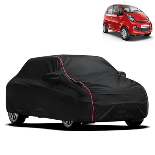 Image of Waterproof Car Cover for Tata Nano | All-Weather Protection, Dustproof & UV Resistant | Triple Stitched Mirror Pockets, Windproof Buckle Strap with Elastic Hem, Black-Red Piping