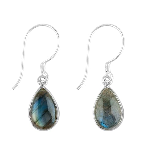 DEVMUKTI Natural Labradorite Gemstone Earrings in 925 Sterling Silver - Pear Cabochon - Handmade Bohemian Jewelry - Lightweight Dangle Earrings - Healing Crystal - Stunning Gift for Women
