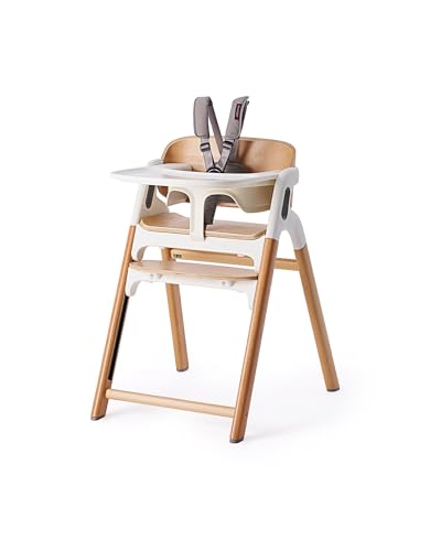 Image of Momcozy DinerPal Wooden High Chair for Babies, Toddlers & Adults Up to 308 Lbs, Convertible Baby Highchair with Food-Grade Tray, Dishwasher-Safe, Adjustable & Ergonomic, Natural Wood