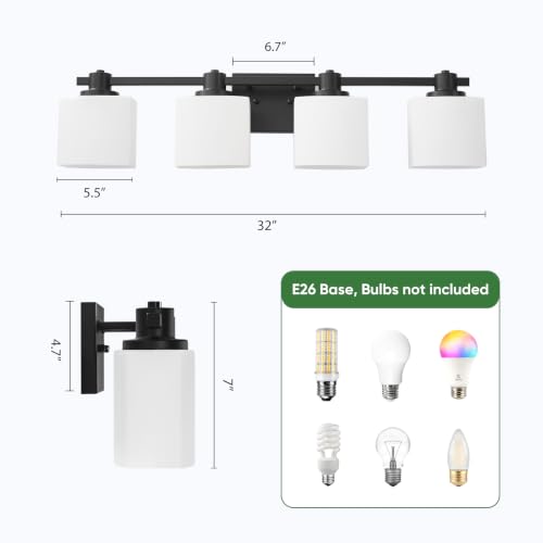 Image of 32 Inch Matte Black Bathroom Light Fixtures Over Mirror 4 Light Bathroom Vanity Light Milk Glass Makeup Shower Lamp Small Farmhouse Wall Sconce Modern Desk Vintage Rustic Bath Sink Lighting