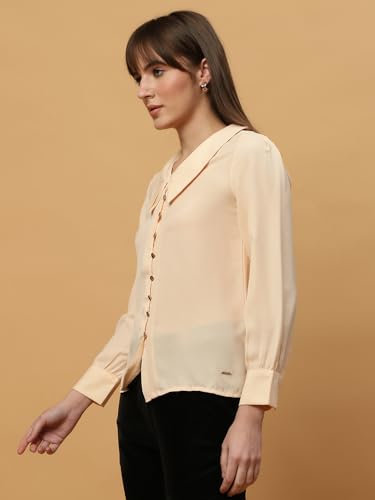 Image of BEATNIK Womens Solid Color Fashion Full Sleeve Peter Pan Collar Woven Spring Summer Casual Loose T Shirts Tops