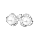 Tolldek Pendientes de oro blanco de 9 quilates Au375, perla blanca de 5,5 – 6 mm, para mujer, corte redondo, pendientes de oro de 9 quilates, sin níquel, con moissanita, joyas auténticas