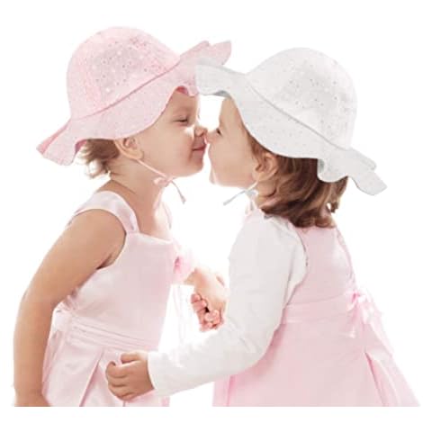 Heqishun 2 Pack Baby Sun Hats, Twins Baby Gift, Wide Brim Baby Sun Hat UV Protection Hat for Baby Girls (12-36 Months) Pink, White Cover